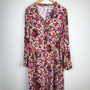 St. John's Bay Floral Boho Peasant Dress Midi Full Button Long Sleeve Size L